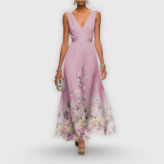 Talira | Women Floral V Neck Maxi Dress with Sleeveless Design