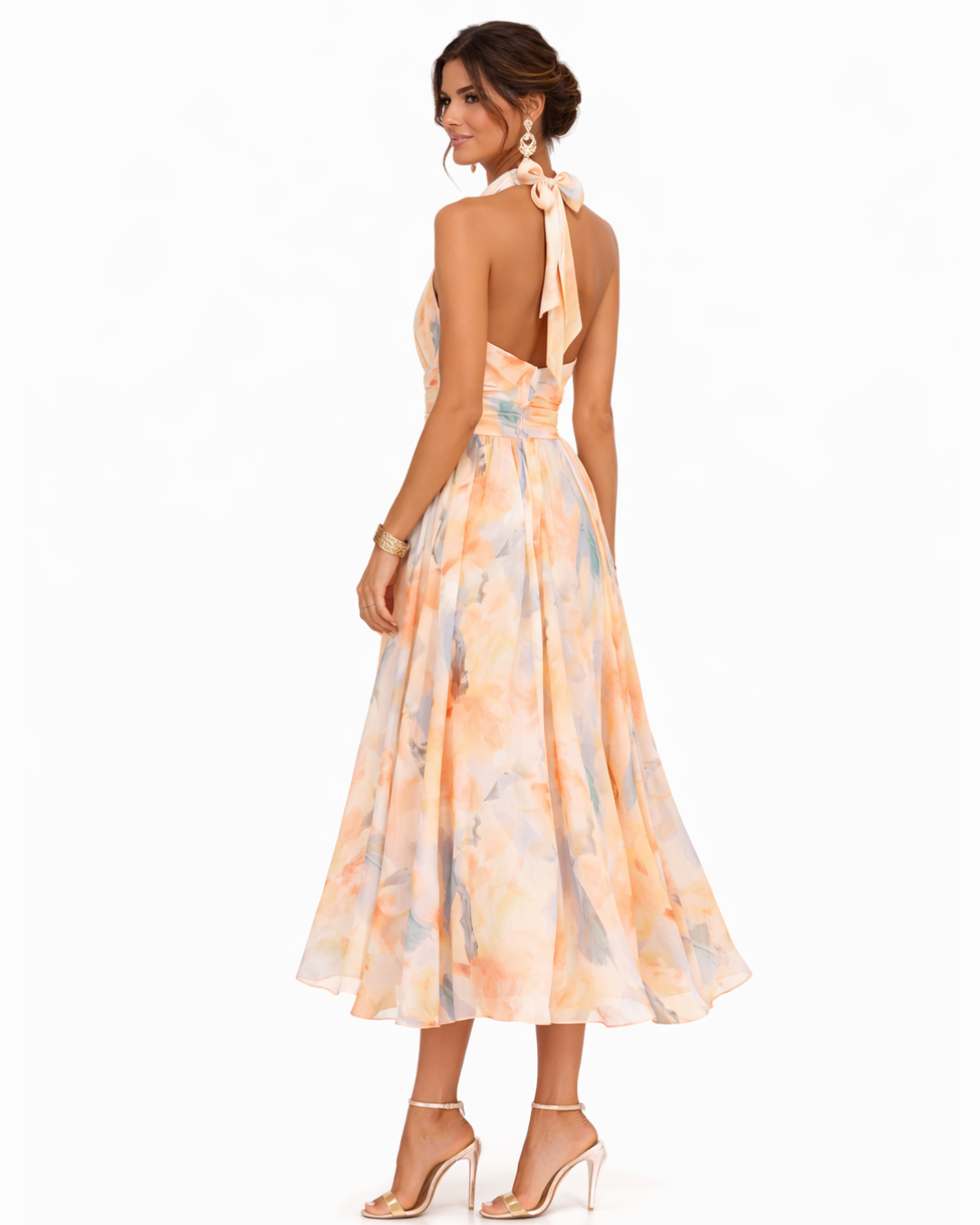 Jocelyn | Watercolor Print halter midi dress with flowy skirt