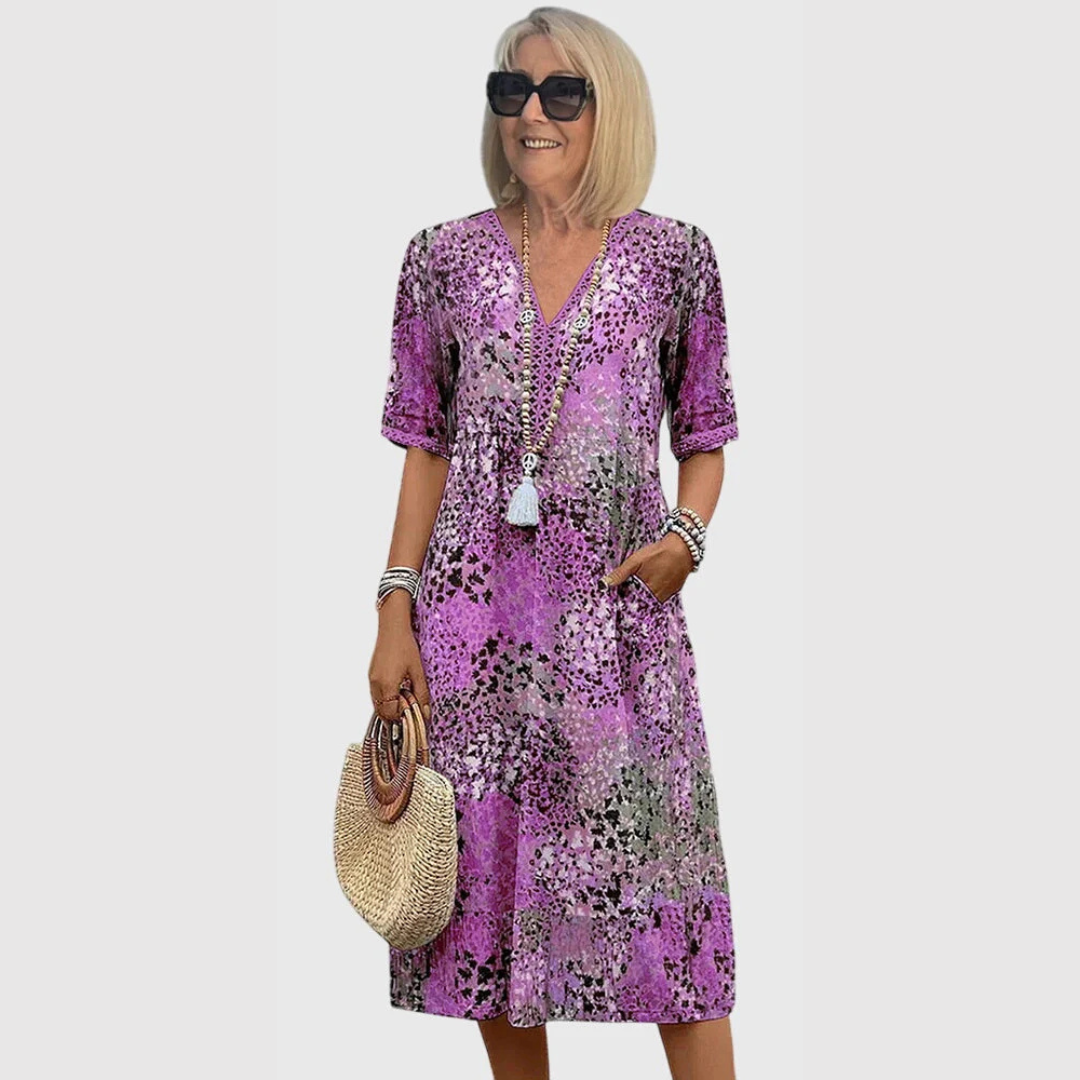 Malira | Women Printed V Neck Midi Dress with Short Sleeves
