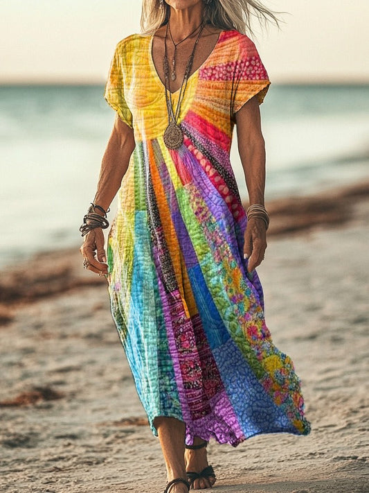Odette | Boho chic printed maxi dress with colorful panels