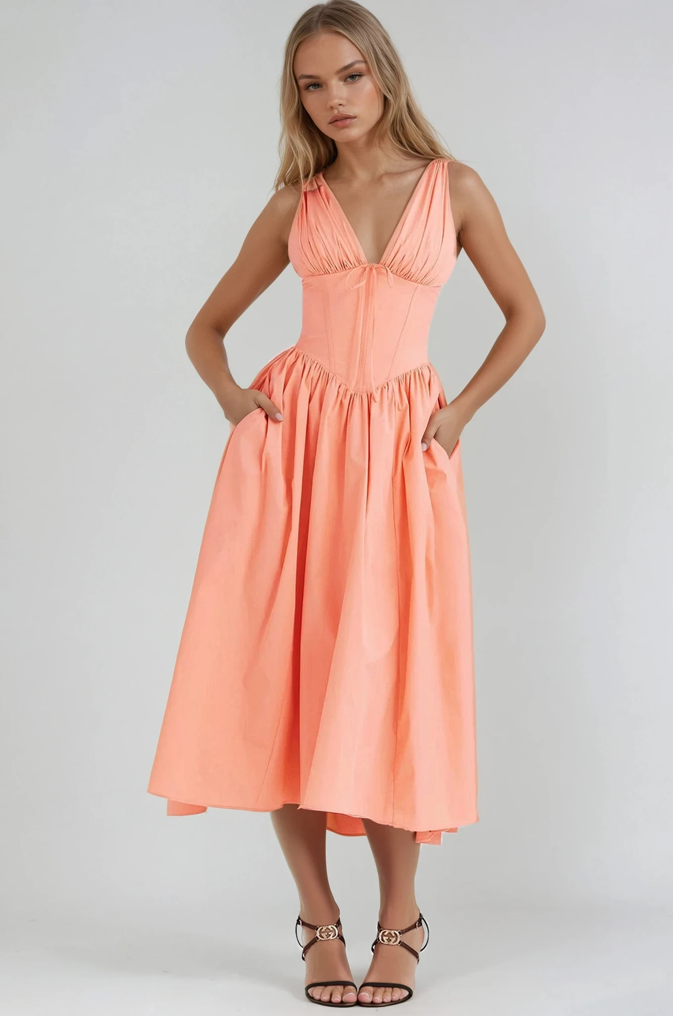 Philomena | Women’s floral V neck midi dress with fit and flare