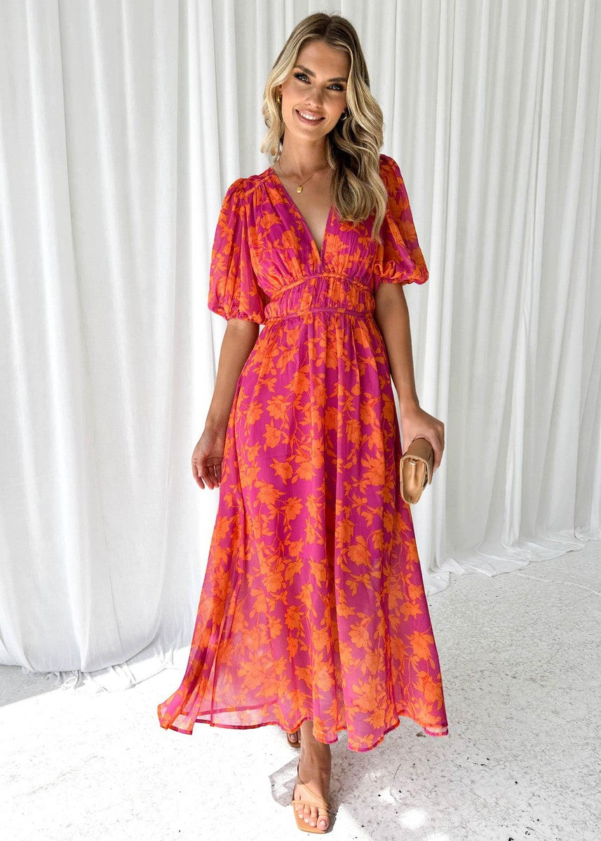 Indigo | Elegant floral midi dress with puff sleeves