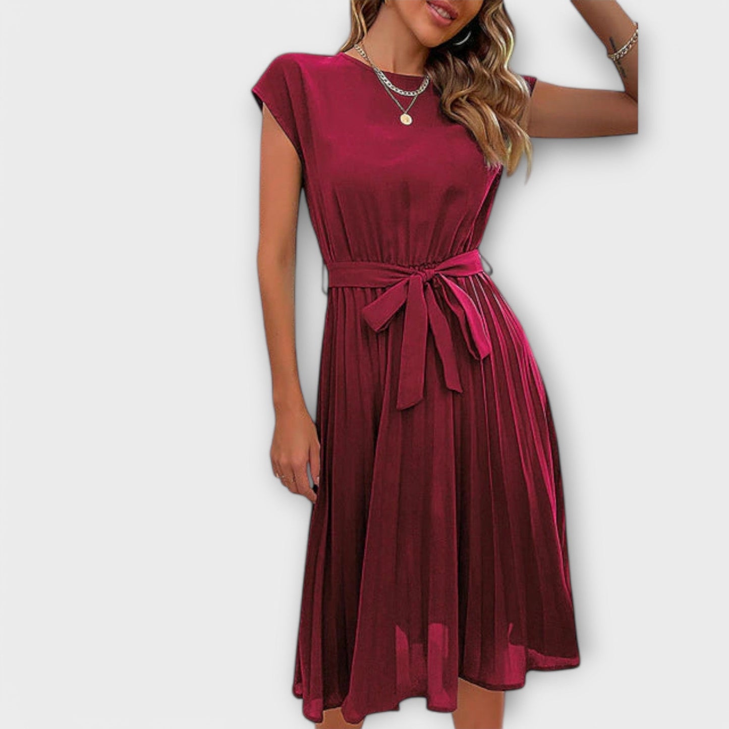 Georgina | Casual pleated midi dress with waist tie