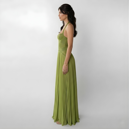 Galena | Maxi Dress with Halter Neck and Pleated Skirt Design