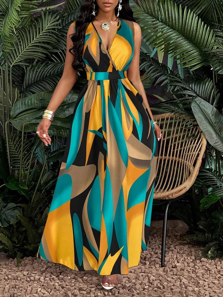 Harper | Women maxi dress with V neck abstract sleeveless print