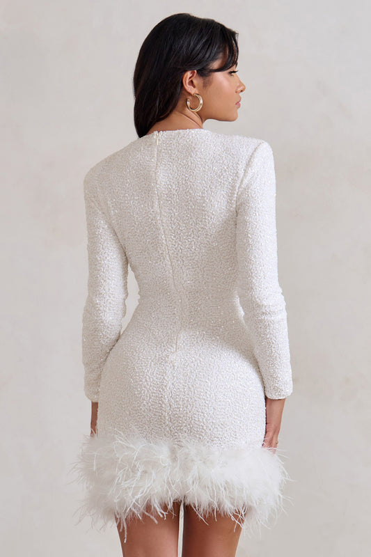 Cynthia | Mini Dress With Long Sleeves Feather Trim