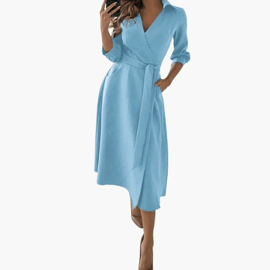Celine | Women’s Midi Dress With Lapel Collar Split Hem Waist Bow