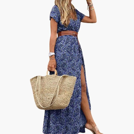 Elora | Women’s Belted Maxi Dress With Short Sleeves Gathered Waist