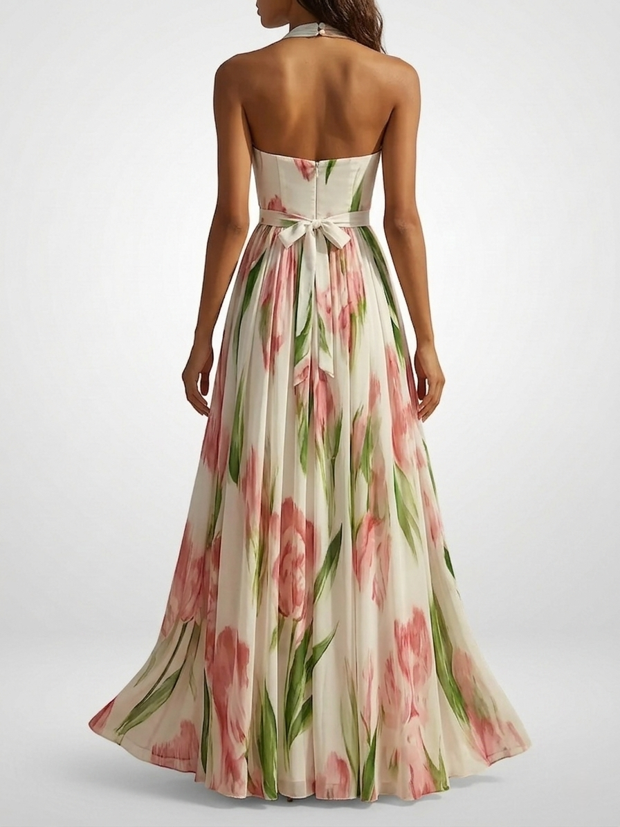 Joanna | Floral Watercolor Chiffon Maxi Dress With Halter Neck