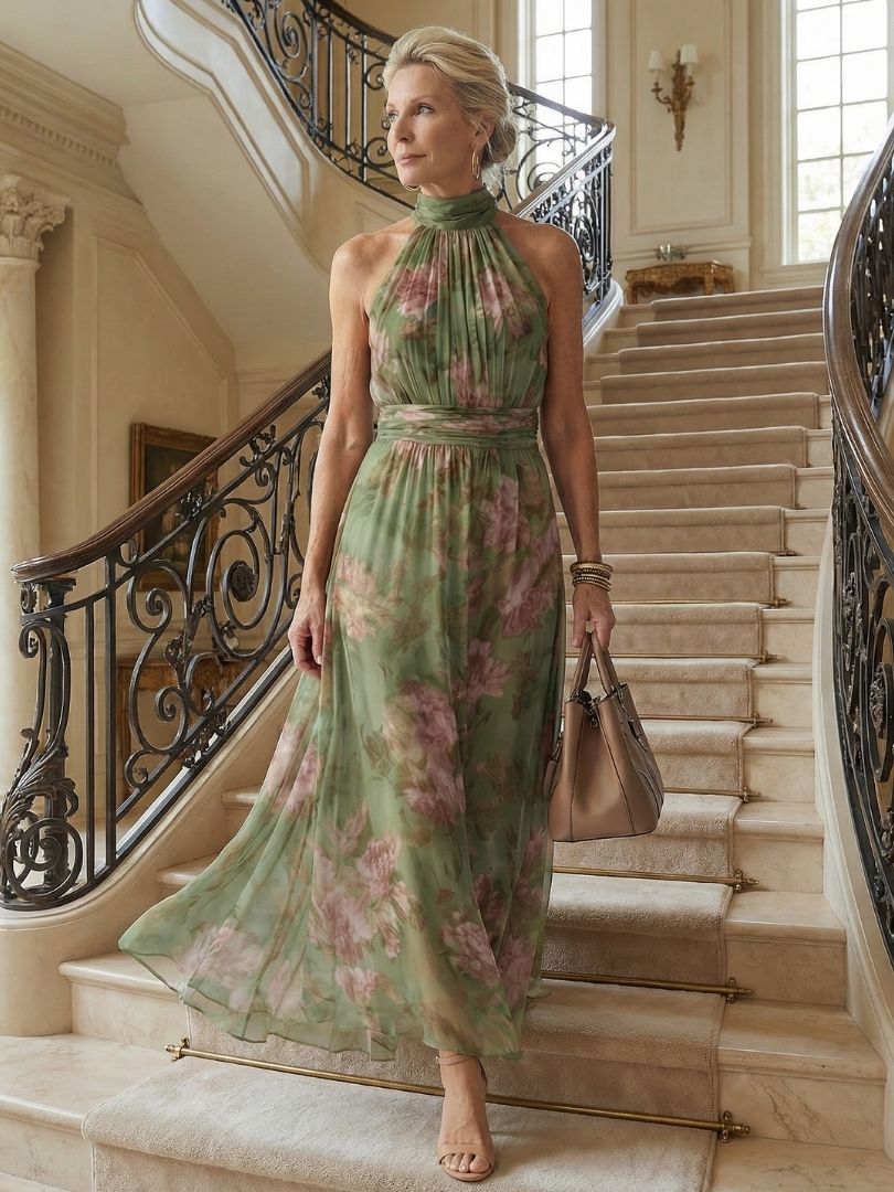 Danielle | Women’s Halter Midi Dress With Floral Design