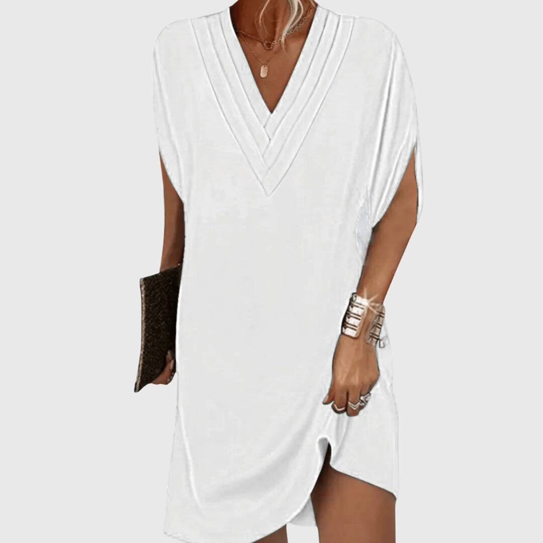 Nerisa | Women V Neck Loose Fit Mini Dress with Short Sleeves