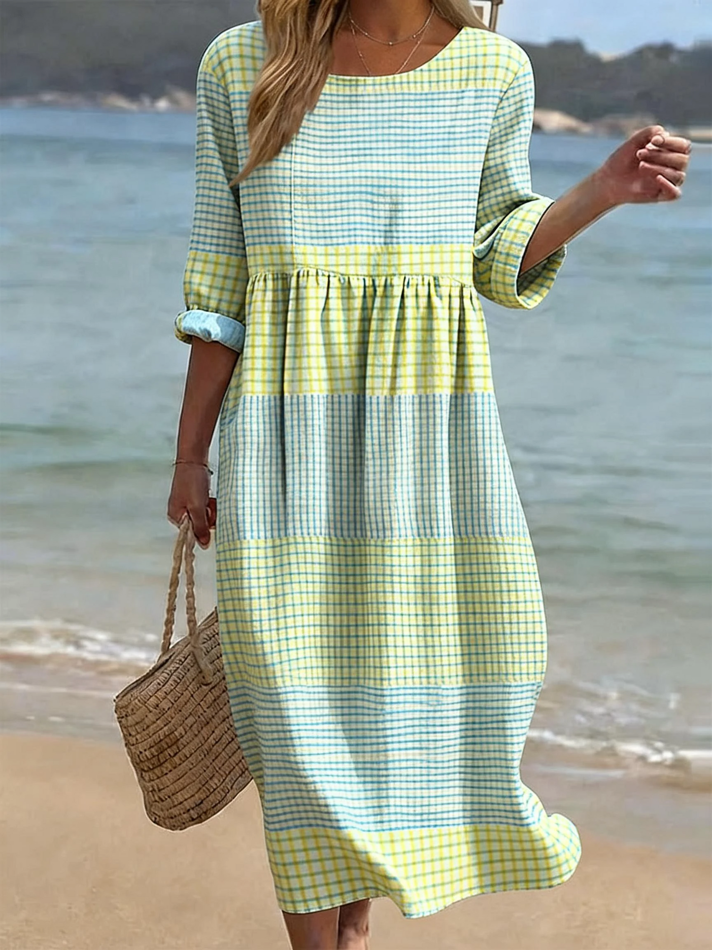 Mireille | Women's casual plaid maxi dress with round neck