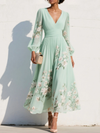 Fiona | Women’s Floral Midi Dress With V Neck Long Sleeves