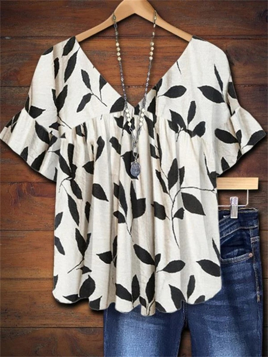 Isla | Women’s Leaf Print Blouse With Short Sleeves