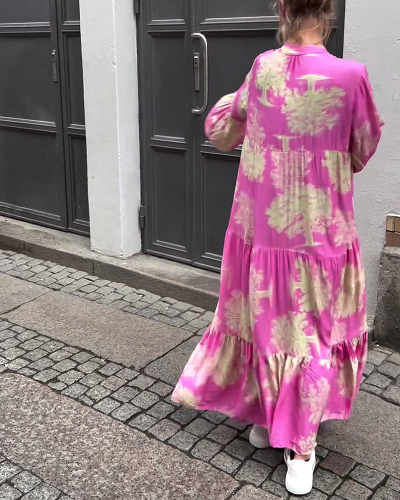 Una | Maxi Dress With Print Ruffle Sleeves Stand Collar