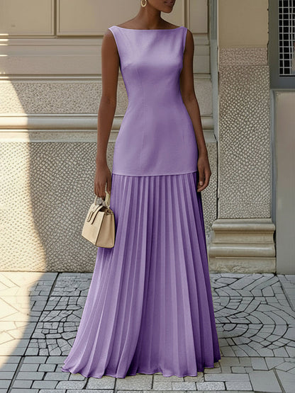 Florence | Pleated evening maxi dress with boat neck