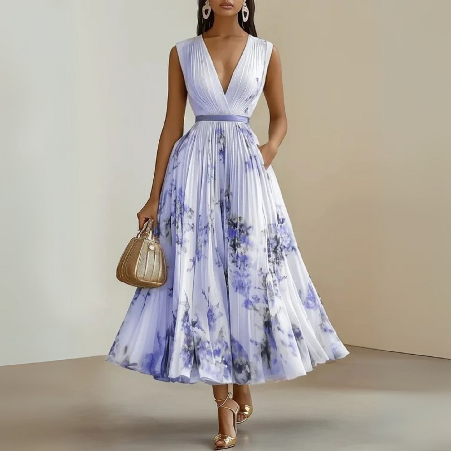 Georgina | Women’s pleated midi wedding guest dress with sleeveless fit