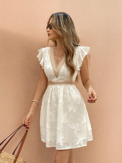 Whitney | V Neck Dress With Lace Trim Short Sleeves