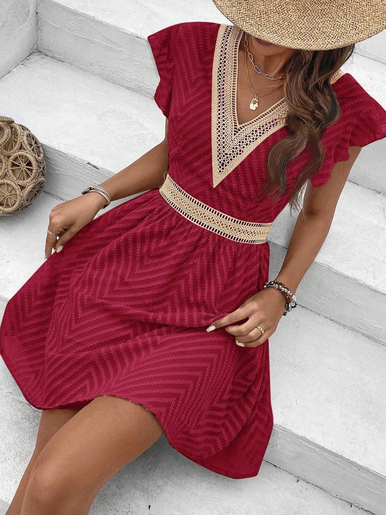 Whitney | V Neck Dress With Lace Trim Short Sleeves