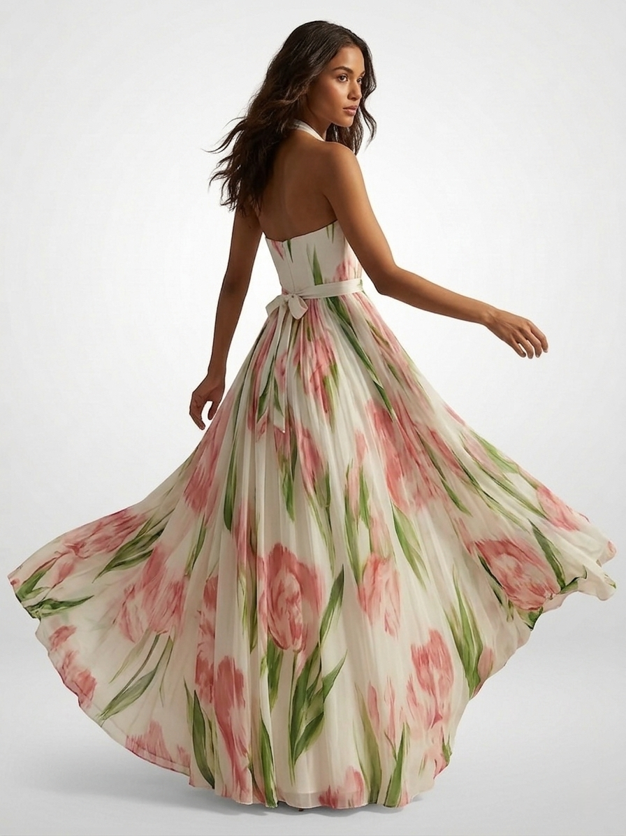 Joanna | Floral Watercolor Chiffon Maxi Dress With Halter Neck