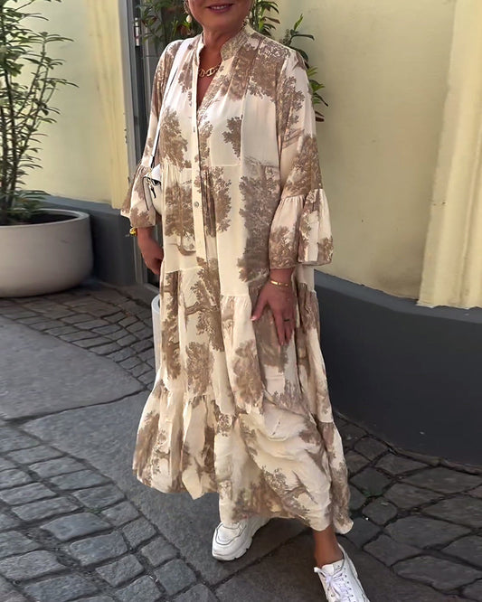 Una | Maxi Dress With Print Ruffle Sleeves Stand Collar