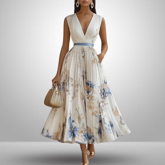 Georgina | Women’s pleated midi wedding guest dress with sleeveless fit