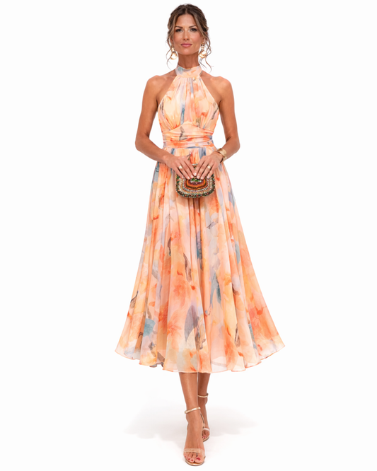 Jocelyn | Watercolor Print halter midi dress with flowy skirt