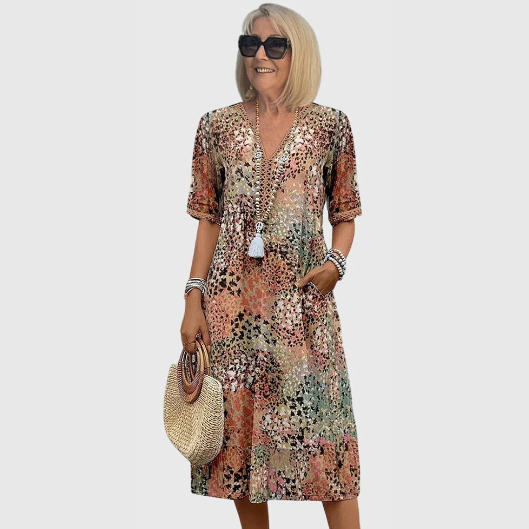 Malira | Women Printed V Neck Midi Dress with Short Sleeves