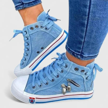 Mavina | Women Denim High Top Sneakers with Lace Up and Zipper Detail