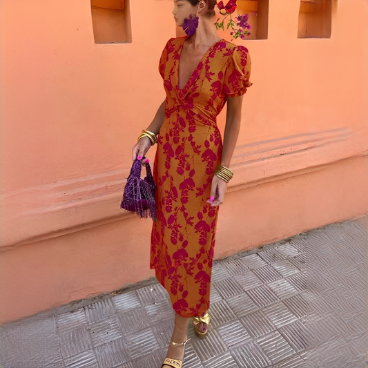 Rizella | Elegant Summer Midi Dress with Floral Print and V Neck Design