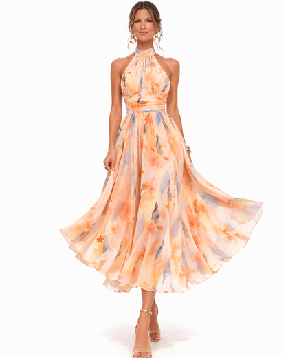 Jocelyn | Watercolor Print halter midi dress with flowy skirt