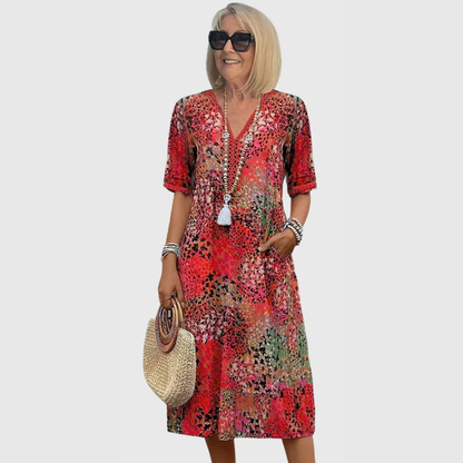 Malira | Women Printed V Neck Midi Dress with Short Sleeves