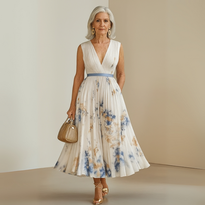 Georgina | Women’s pleated midi wedding guest dress with sleeveless fit