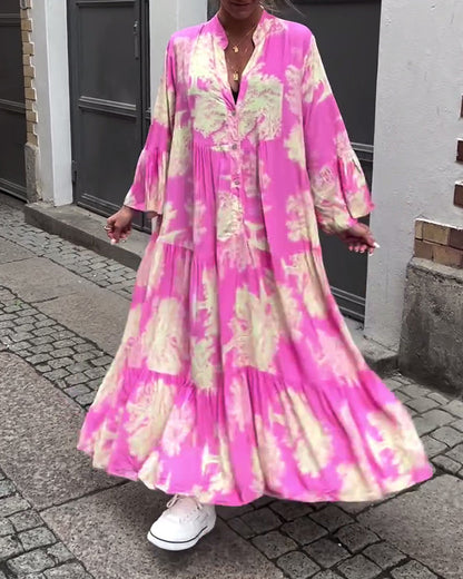 Una | Maxi Dress With Print Ruffle Sleeves Stand Collar