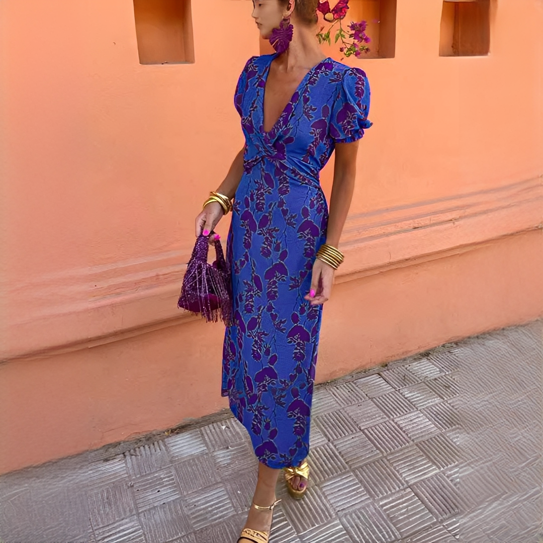 Rizella | Elegant Summer Midi Dress with Floral Print and V Neck Design