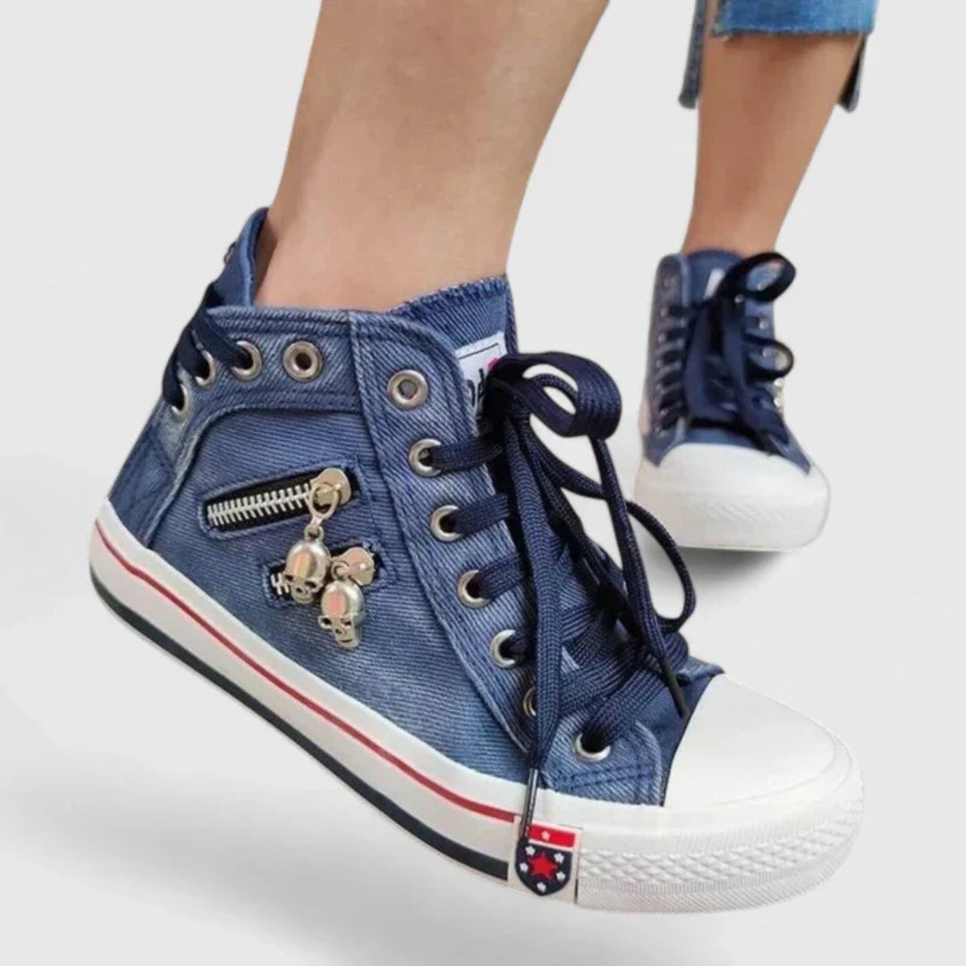 Mavina | Women Denim High Top Sneakers with Lace Up and Zipper Detail