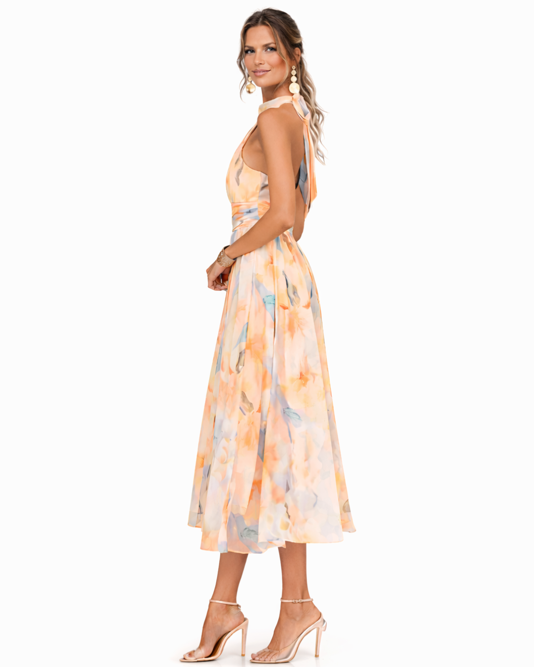 Jocelyn | Watercolor Print halter midi dress with flowy skirt