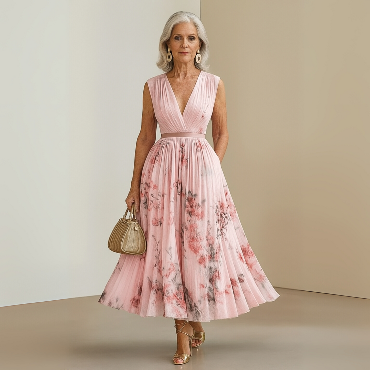 Georgina | Women’s pleated midi wedding guest dress with sleeveless fit