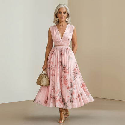 Georgina | Women’s pleated midi wedding guest dress with sleeveless fit