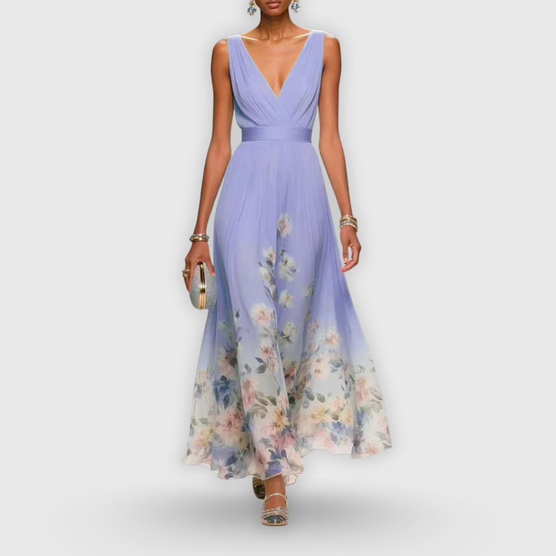Talira | Women Floral V Neck Maxi Dress with Sleeveless Design