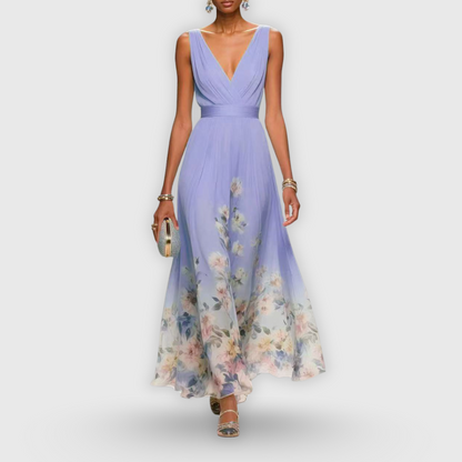 Talira | Women Floral V Neck Maxi Dress with Sleeveless Design