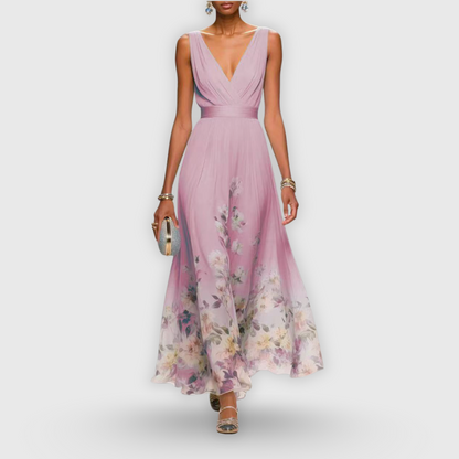Talira | Women Floral V Neck Maxi Dress with Sleeveless Design