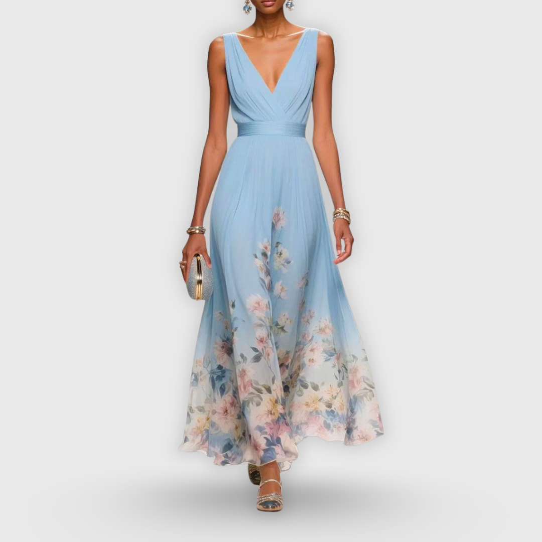Talira | Women Floral V Neck Maxi Dress with Sleeveless Design