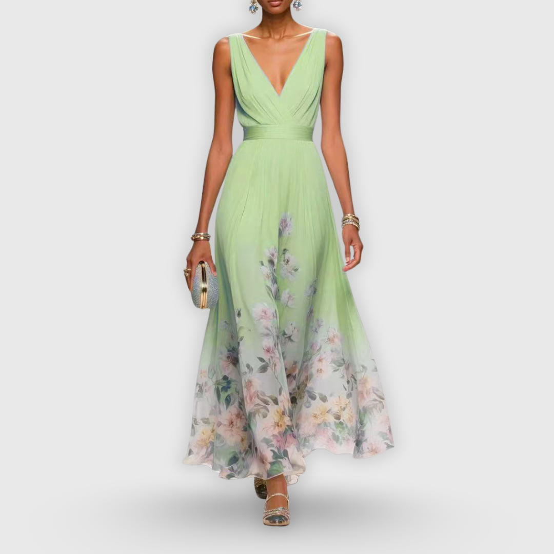 Talira | Women Floral V Neck Maxi Dress with Sleeveless Design