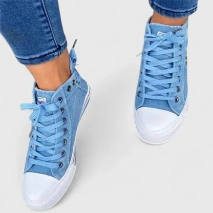 Mavina | Women Denim High Top Sneakers with Lace Up and Zipper Detail