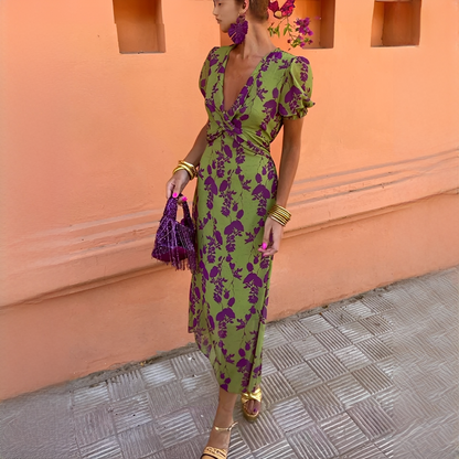 Rizella | Elegant Summer Midi Dress with Floral Print and V Neck Design