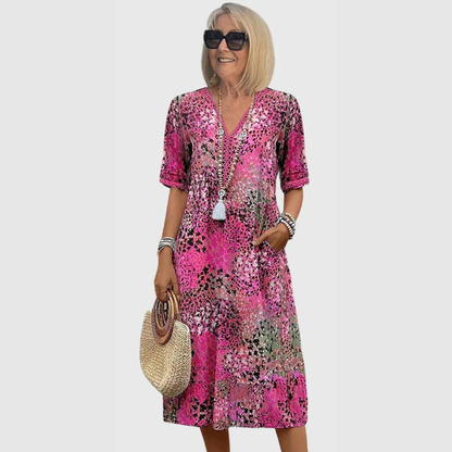 Malira | Women Printed V Neck Midi Dress with Short Sleeves