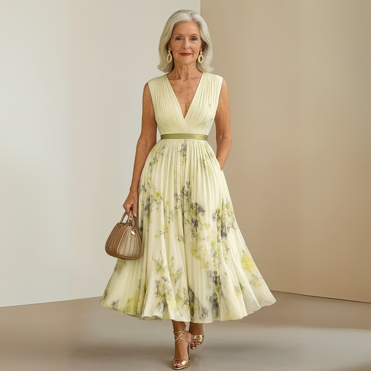 Georgina | Women’s pleated midi wedding guest dress with sleeveless fit