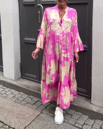 Una | Maxi Dress With Print Ruffle Sleeves Stand Collar