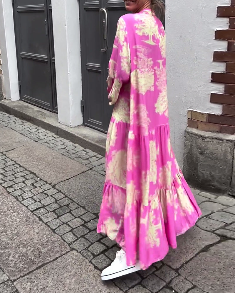 Una | Maxi Dress With Print Ruffle Sleeves Stand Collar